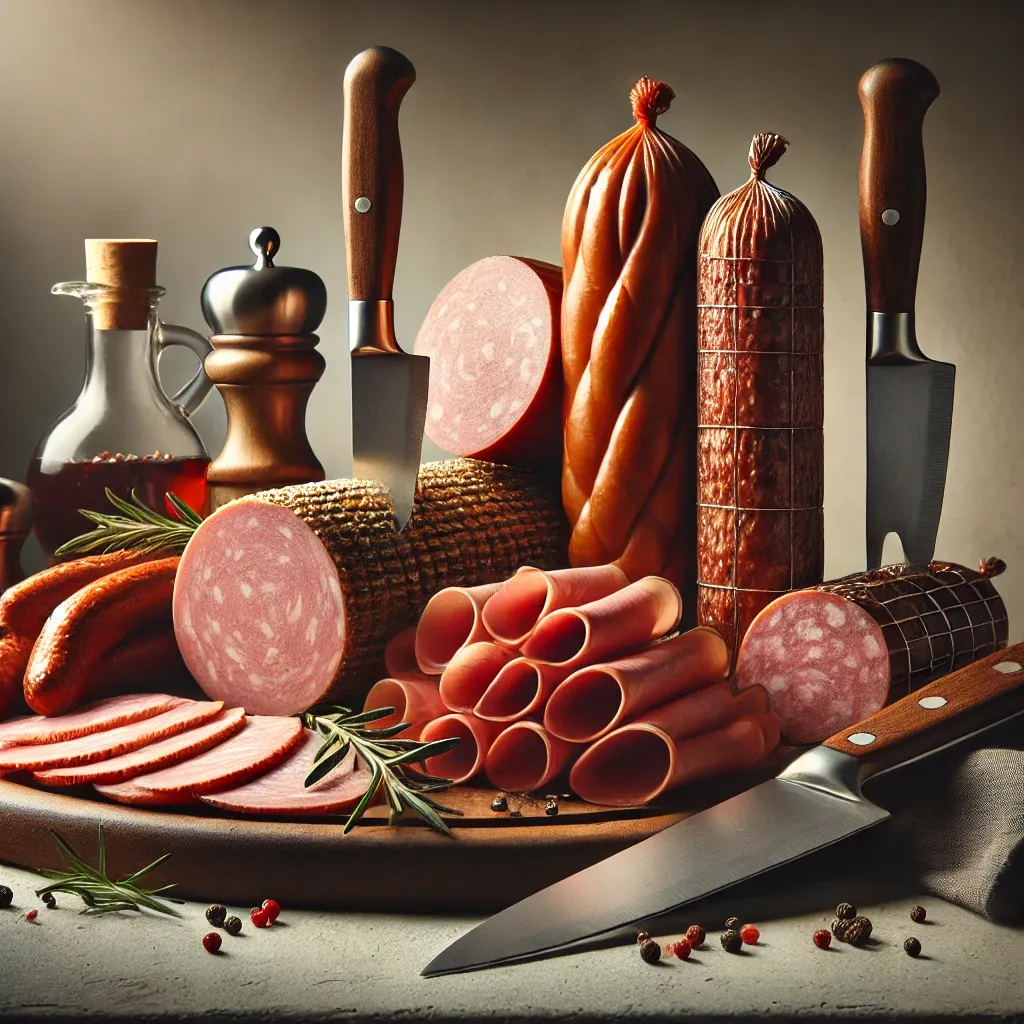 DALL·E 2025-01-15 11.42.03 - A visually balanced composition with high-quality sliced mortadella, ham, and gourmet sausages elegantly arranged on a wooden cutting board in the for